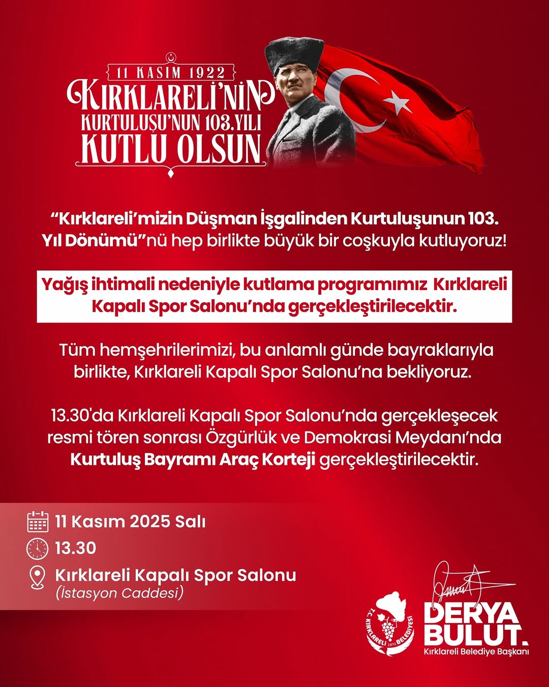 Kırklareli'nin Kurtuluşunun 103. Yılı Coşkusu Kapalı Spor Salonu'na Taşındı!